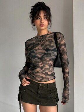 Hidden Brand Camouflage Mesh Top Long Sleeve Sheer Stretch Size Large NWT